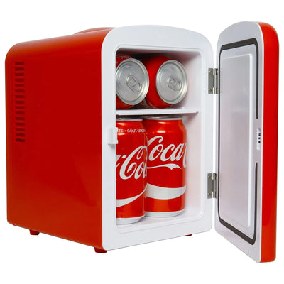 Coca-Cola Classic 4L Mini Fridge W/ 12V DC and 110V AC Cords, 6 Can Portable Cooler, Personal Travel Refrigerator for Snacks Lunch Drinks Cosmetics, Desk Home Office Dorm, Red | Fridge.com