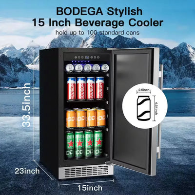 15 In. 100 Can (12 Oz.) Single Zone Built-In Beverage Cooler Fridge in Stainless Steel for Outdoor and Indoor Use | Fridge.com