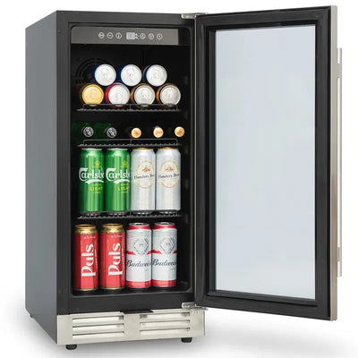 15 Inch Mini Beverage Cooler with 120 Cans Capacity for Soda, Water, Beer or Wine. Quiet Operation, Compressor Cooling System, Energy Saving, Adjustable Shelves, Blue Interior Light | Fridge.com