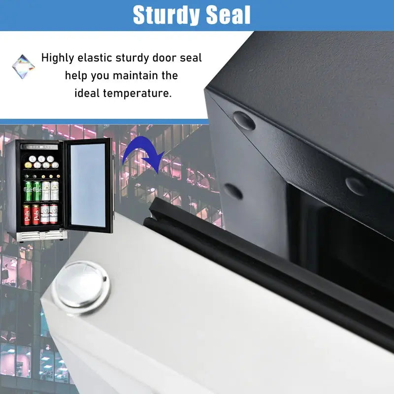 15 Inch Mini Beverage Cooler with 120 Cans Capacity for Soda, Water, Beer or Wine. Quiet Operation, Compressor Cooling System, Energy Saving, Adjustable Shelves, Blue Interior Light | Fridge.com