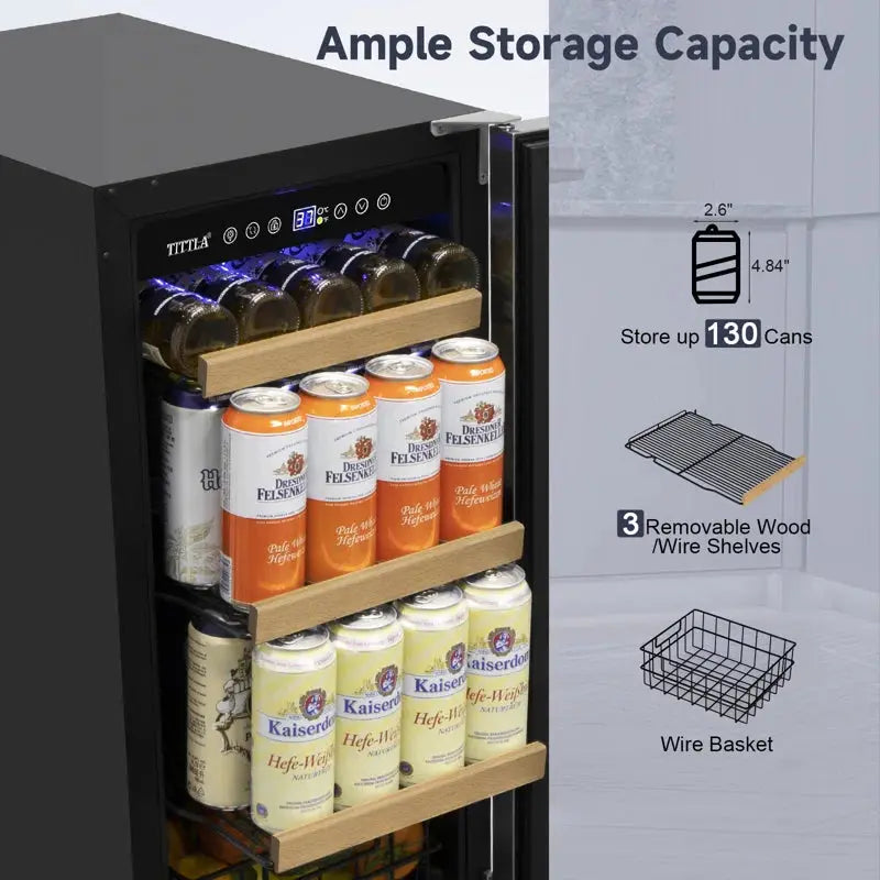 15" Beverage Refrigerator 130 Can Built-In Beer Cooler with Two Handle and Reversible Hinge | Fridge.com