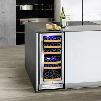 15" Wine Premium Refrigerator 30 Bottle Dual Zone Wine Cooler with Two Handle and Reversible Hinge | Fridge.com