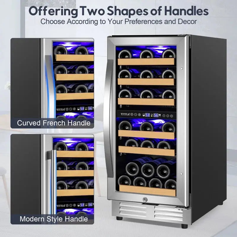 15" Wine Premium Refrigerator 30 Bottle Dual Zone Wine Cooler with Two Handle and Reversible Hinge | Fridge.com