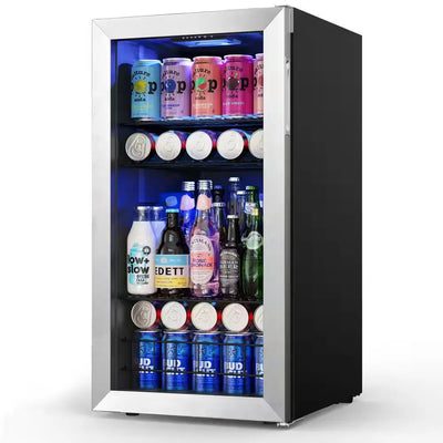 16.9 In. 121-Cans Single Zone Freestanding Beverage Cooler Refrigerator in Stainless Steel Digital Control Internal Fan | Fridge.com