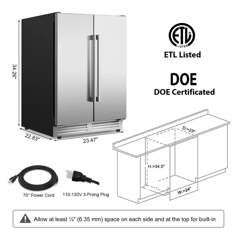 24" Beverage Refrigerator Silver French Door 120 Cans Built-In Beer Cooler Freestanding Fridge | Fridge.com