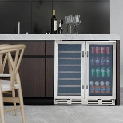 30” Wine Cooler Refrigerator, 33 Bottles & 96 Cans, Double Doors, Dual Zone Built-In Freestanding Wine Fridge | Fridge.com