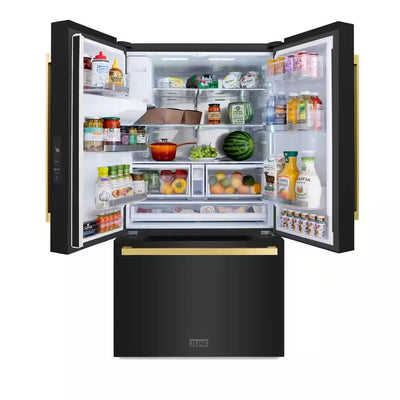 36 In. 3-Door French Door Refrigerator with Dual Ice Maker in Black Stainless Steel & Square Polished Gold Handles | Fridge.com