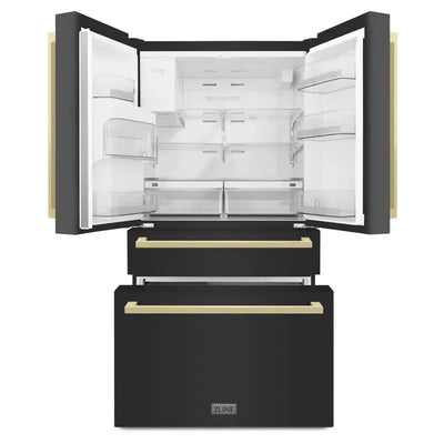 36" Autograph Edition 21.6 Cu. Ft 4-Door French Door Refrigerator with Water and Ice Dispenser in Black Stainless Steel with Champagne Bronze Square Handles | Fridge.com