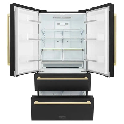 36" Autograph Edition 22.5 Cu. Ft 4-Door French Door Refrigerator with Ice Maker in Black Stainless Steel with Champagne Bronze Square Handles | Fridge.com