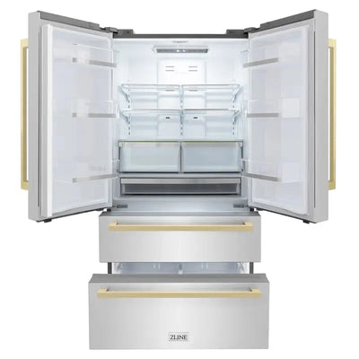 36" Autograph Edition 22.5 Cu. Ft 4-Door French Door Refrigerator with Ice Maker in Stainless Steel with Champagne Bronze Square Handles | Fridge.com