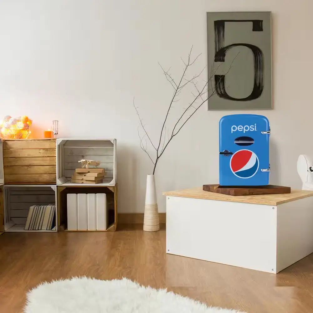 6.85 In. 0.15 Cu. Ft., 6 Can, Retro Mini Refrigerator Pepsi Theme Beverage Cooler in Blue without Freezer | Fridge.com