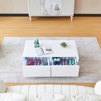 Bluetooth Coffee Table Fridge 27 In. 25 Cu. Ft. Retro Mini Refrigerator in White Tempered Glasstable Top and Back Screen | Fridge.com