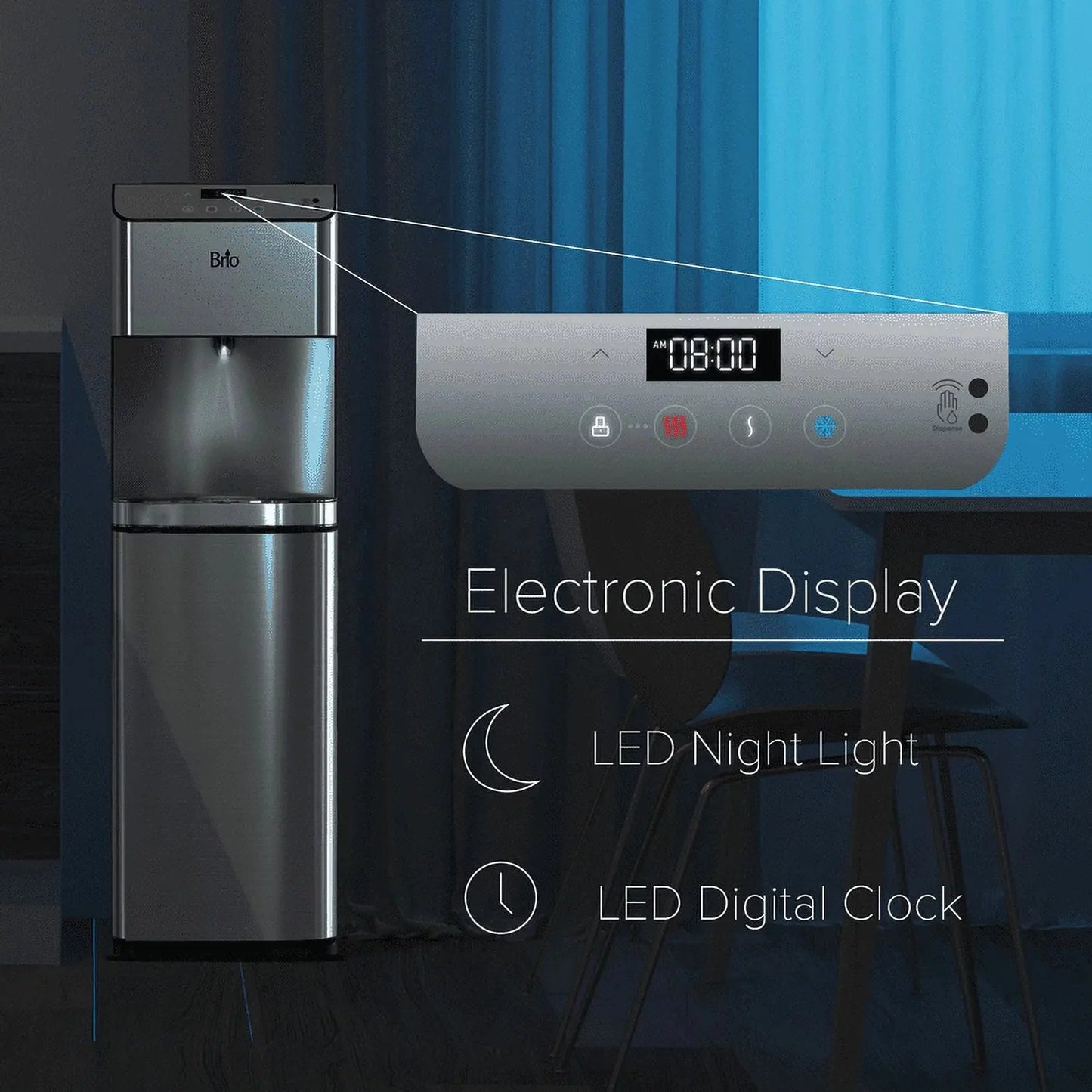 Brio 700 Series Self Cleaning 3-5 Gallon Capacity Bottom Load Custom Tri Temp Touchless Dispense Water Cooler Dispenser Ranging from 39-59°F Cold, 174–194°F Hot and Room Temperature Water Settings | Fridge.com