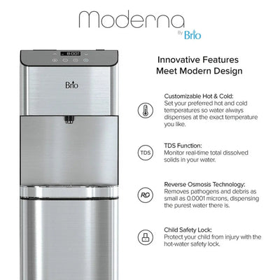 Brio Moderna 4 - Stage Reverse Osmosis Bottle-Less Water Cooler Hot and Cold, Height 40.5", Silver | Fridge.com