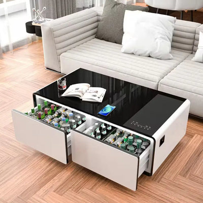 Coffee Table Fridge 27 In. 25 Cu. Ft. Retro Mini Refrigerator in White+Black, Bluetooth Speaker, Wireless Charging | Fridge.com