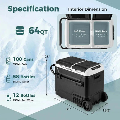 Costway Dual Zone 12V Car Refrigerator 64Qt Portable Compressor Fridge Freezer (-4℉~68℉) for Rvs | Fridge.com