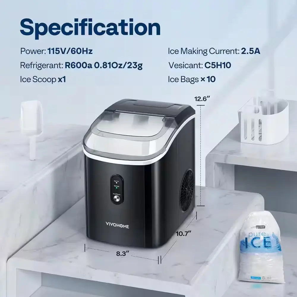 10.7 In. 33 Lb./Day Chewable Nugget Ice Countertop Portable Ice Maker in Black | Fridge.com