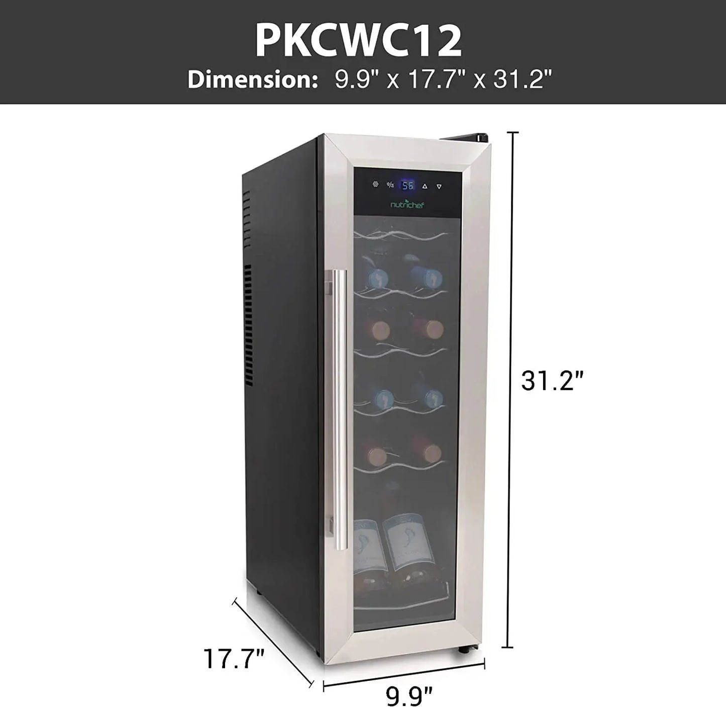 Nutrichef PKCWC12 12 Bottle Cooler Refrigerator White and Red Countertop Chiller W/ Digital Control | Fridge.com