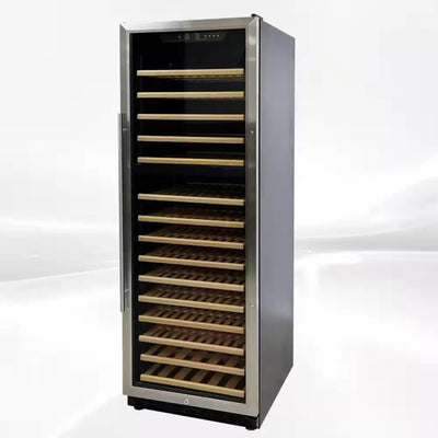 Dual Temperature Zone 23.5 In. W 168-Bottle Glass Door Free Standing Wine Cooler in Black with Wood Shelves | Fridge.com
