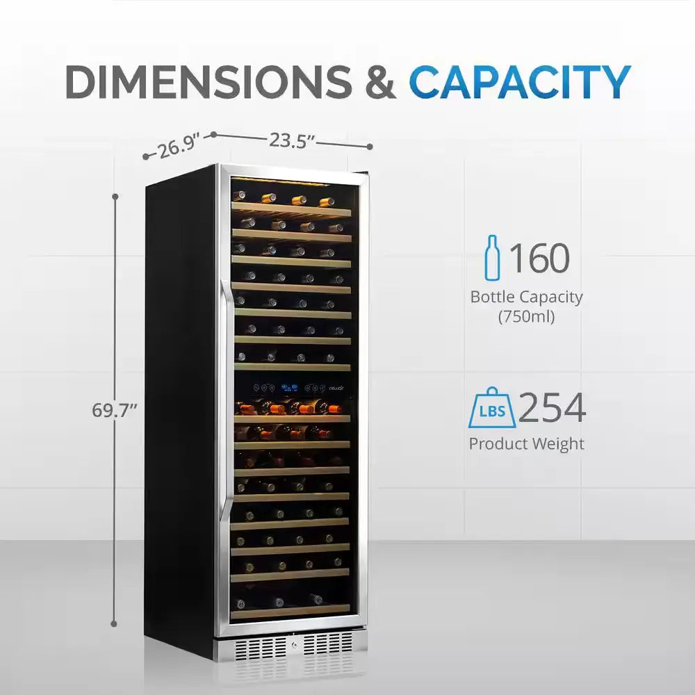 Dual Zone 160-Bottle Built-In Wine Cooler Fridge with Smooth Rolling Shelves and Quiet Operation - Stainless Steel | Fridge.com