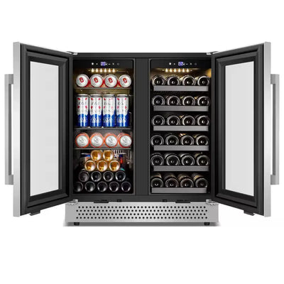 Dual Zone 30 In. Built-In 30-Wine Bottles and 100-Can with French Door Beverage and Wine Cooler, Stainless Steel | Fridge.com