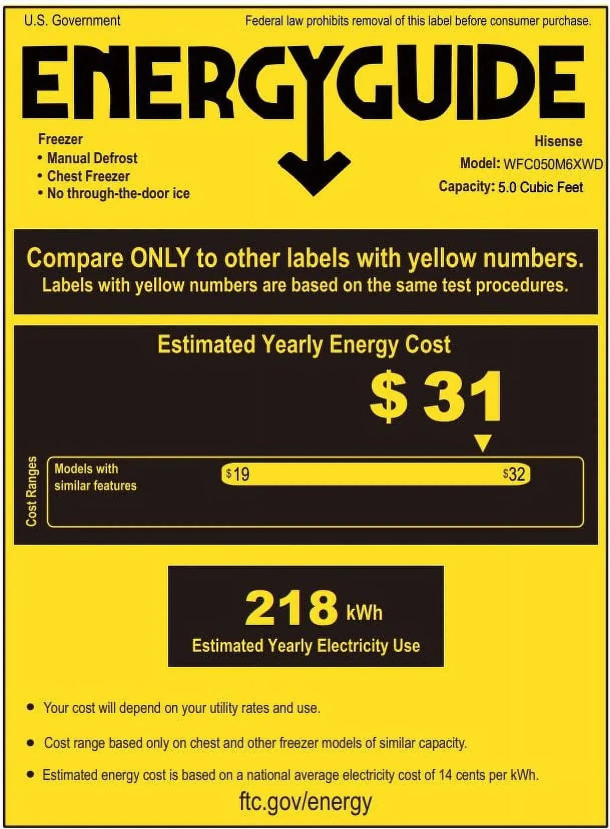 Hisense 5 cu ft Garage Ready Chest Freezer, White, 33.6" Height, 1 Year Warranty, WFC050M6XWD New | Fridge.com