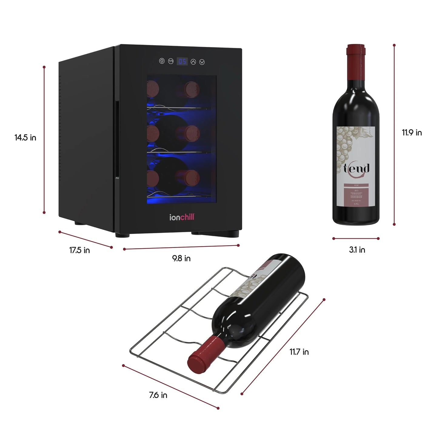 Ionchill 6-Bottle Wine Cooler, New Standard Door Mini Fridge with Wine Rack and Temp. Control, 9.75In | Fridge.com