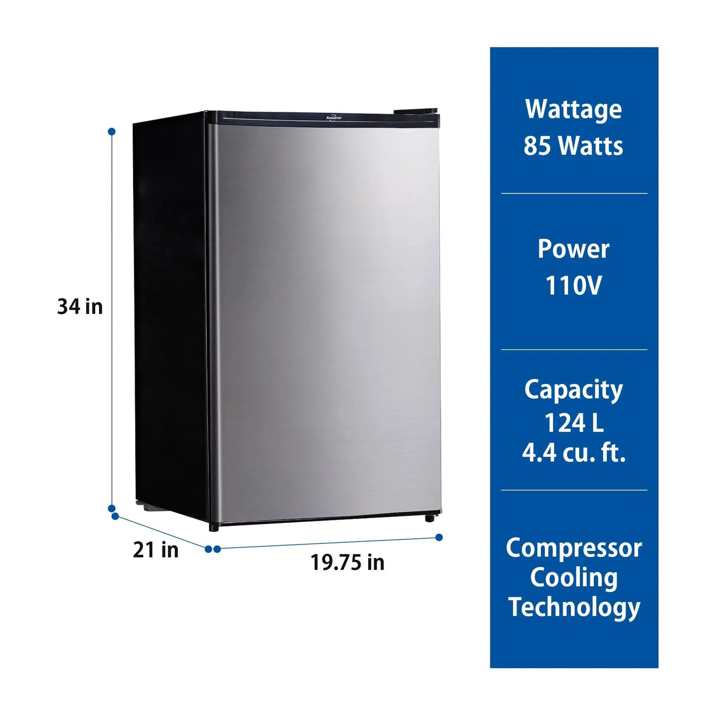 Koolatron Stainless Steel Compact Fridge with Freezer 4.4 Cu Ft (124L) Refridgerator | Fridge.com