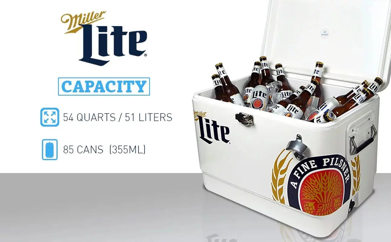 Miller Lite Ice Chest Beverage Cooler with Bottle Opener, 51L (54 QT), 85 Can Steel-Belted Portable Cooler, White and Blue, for Camping, Beach, RV, Bbqs, Tailgating, Fishing | Fridge.com