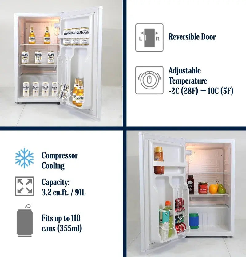 Modelo Compact Fridge with Bottle Opener, 3.2 Cu Ft (90L), White | Fridge.com
