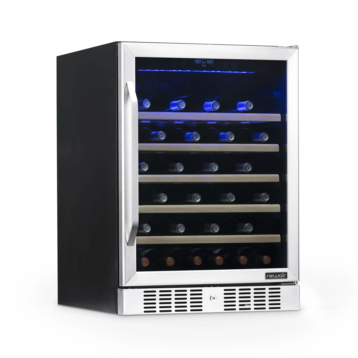 Newair 24 Inch - 46 Bottle Wine Cooler Refrigerator, Built-In Recessed Kickplate, Dual Zone Wine Fridge in Stainless Steel | Fridge.com