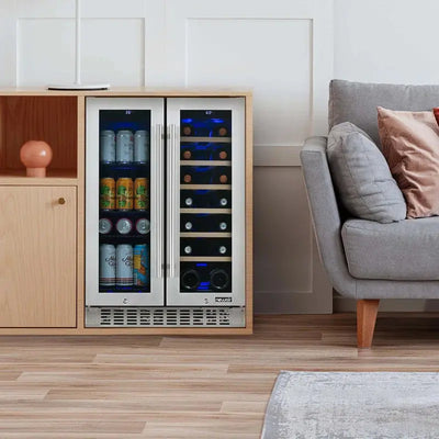 Newair 24" Premium Built-In Dual Zone 18 Bottle and 58 Can French Door Wine and Beverage Fridge | Fridge.com