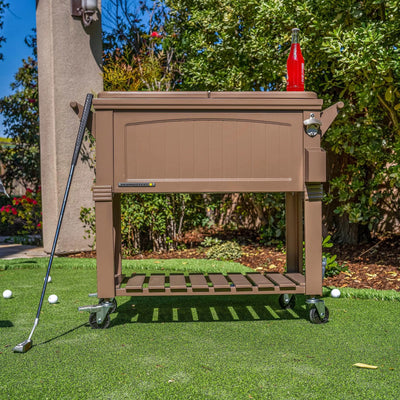Permasteel 80-Qt Antique Outdoor Steel Patio Cooler on Wheels, Rolling Cooler Cart, Wooden Teak Style, Black | Fridge.com