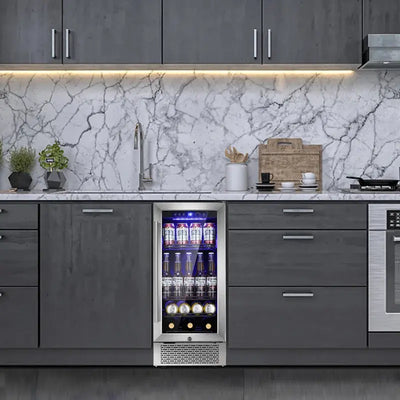 YUKOOL 28 Bottle Beverage Undercounter Refrigerator, Built-In Wine Cooler, Transparent Glass Door Digital Memory Temperature Control Mini Refrigerator, LED Light (15”) | Fridge.com