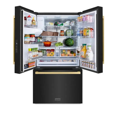 Zline Autograph Edition 36 In. 28.9 Cu. Ft. Standard-Depth French Door External Water Dispenser Refrigerator with Dual Ice Maker in Fingerprint Resistant Stainless Steel and Champagne Bronze Square Handles | Fridge.com