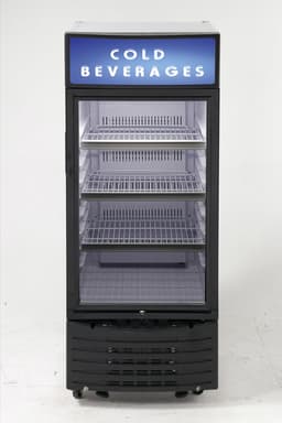 Avanti Commercial Beverage Merchandiser Refrigerator for Freestanding Use, Featuring Flush Back Design Self-Closing Glass Door Top Light Box & Insert Rollers and 3 Adjustable Shelves, 6-Cu.Ft., Black | Fridge.com