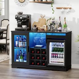 BROTTAR Wine Bar Cabinet with Fridge (Included), Liquor Coffee Cabinet with LED Lights & Rack, Mini Fridge Cabinet with Storage, Human Body Sensor, Sideboard Buffet for Kitchen Dining Room, Black | Fridge.com