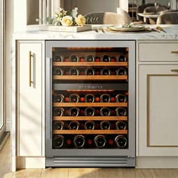 24" 52-Bottle Dual Zone Wine Cooler, Built-In & Freestanding, 5 cu.ft. Wine Refrigerator With 4065F, Amber/Blue/White LED, Uv-Protected Double Glass | Fridge.com