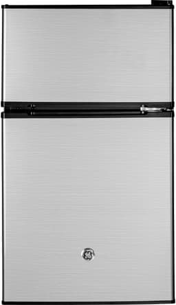 GE Mini Fridge With Freezer | 3.1 Cubic Ft. | Double-Door Design With Glass Shelves, Crisper Drawer & Spacious Freezer | Small Refrigerator Perfect for the Garage, Dorm Room, or Bedroom | Clean Steel | Fridge.com