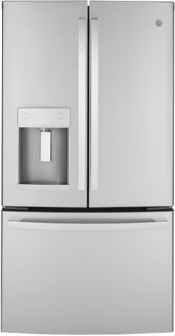 GE GYE22GYNFS 36" French Door Counter Depth Refrigerator with 22.1 cu. ft. Total Capacity Space Saving Ice Maker Showcase LED Lighting in Stainless Steel | Fridge.com