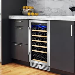 15 Inch Single Zone Wine Refrigerator, Mini Wine Cooler, Holds 30 Bottles, Built-In Or Freestanding With LED Light, Safety Lock, Removable Shelves | Fridge.com