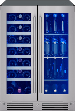 Zephyr Presrv 24 Inch Wine Fridge & Beverage Refrigerator Dual Zone Under Counter - Wine Cooler Cellars Small Beer Fridge Cabinet Drink Chiller Freestanding with French Glass Door 21 Bottles, 64 Cans | Fridge.com