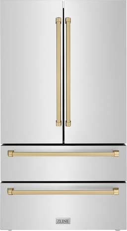 ZLINE Autograph Edition 36 in. 22.5 cu. ft. Counter-Depth French Door Refrigerator with Ice Maker in Fingerprint-Resistant Stainless Steel with Champagne Bronze Traditional Handles (RFMZ-36-CB) | Fridge.com