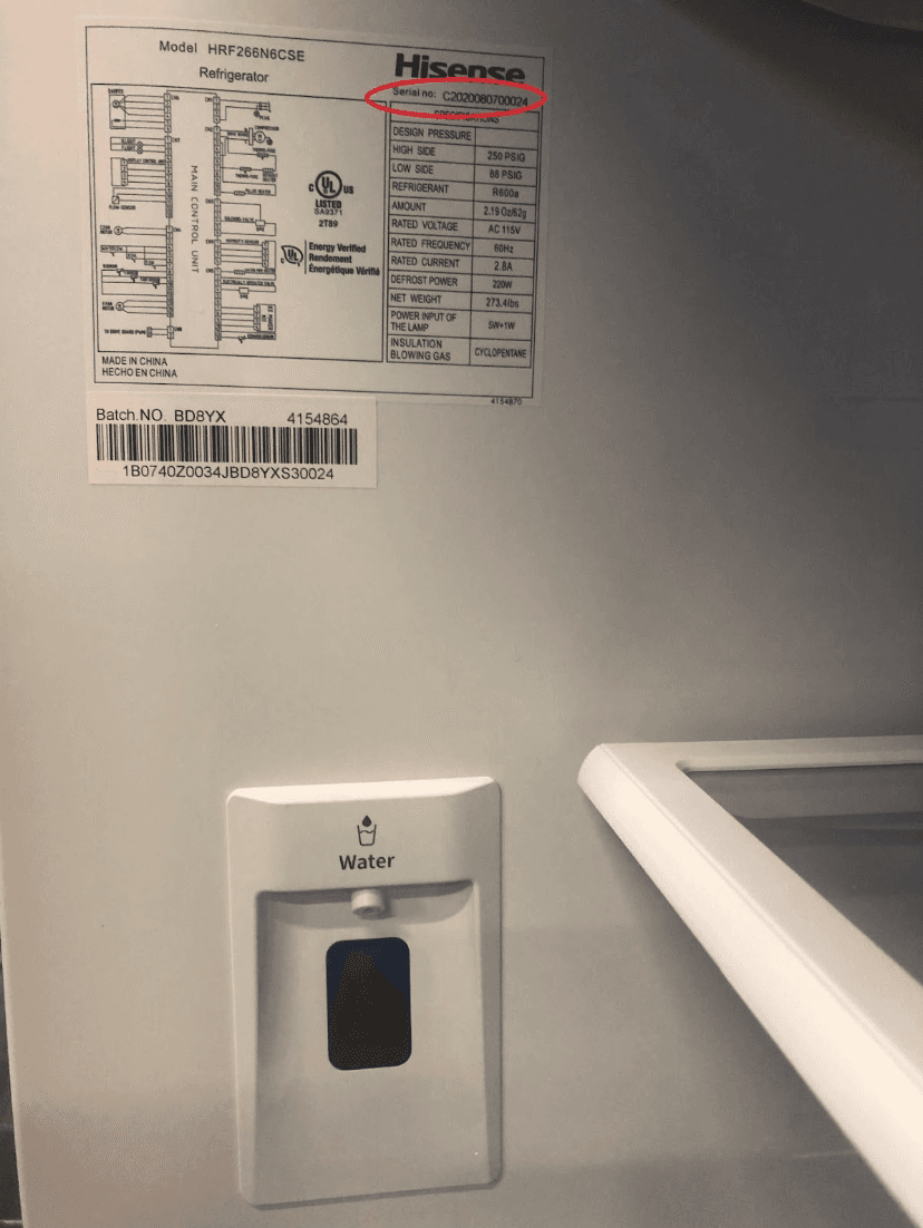 Serial Number Location for Recalled Hisense 26.6 Cu. Ft. French Door Refrigerators