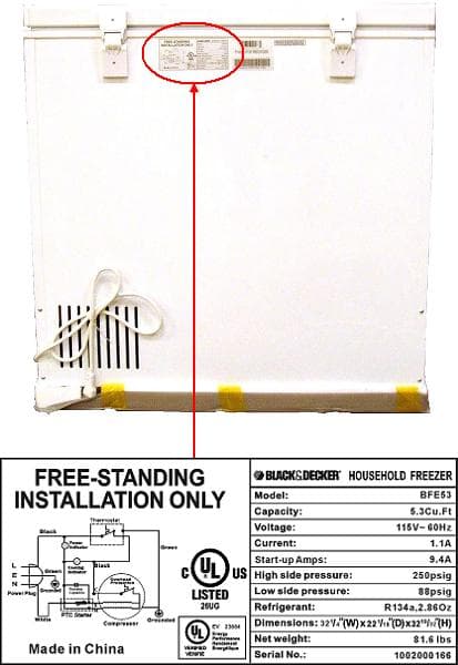 Rating label is located at the top center of the back of the freezer