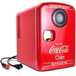 Coca-Cola 4.2 qt. Countertop Mini Fridge With Bluetooth Speaker, Portable 6-Can Thermoelectric Cooler & Warmer, Retro Beverage Refrigerator, Red | Fridge.com