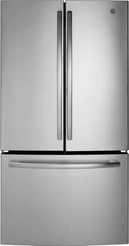 GE GNE27JYMFS 36" French Door Refrigerator with 27 cu. ft. Total Capacity LED Lighting Internal Water Dispenser Spill-Proof Shelves in Fingerprint Resistant Stainless Steel | Fridge.com