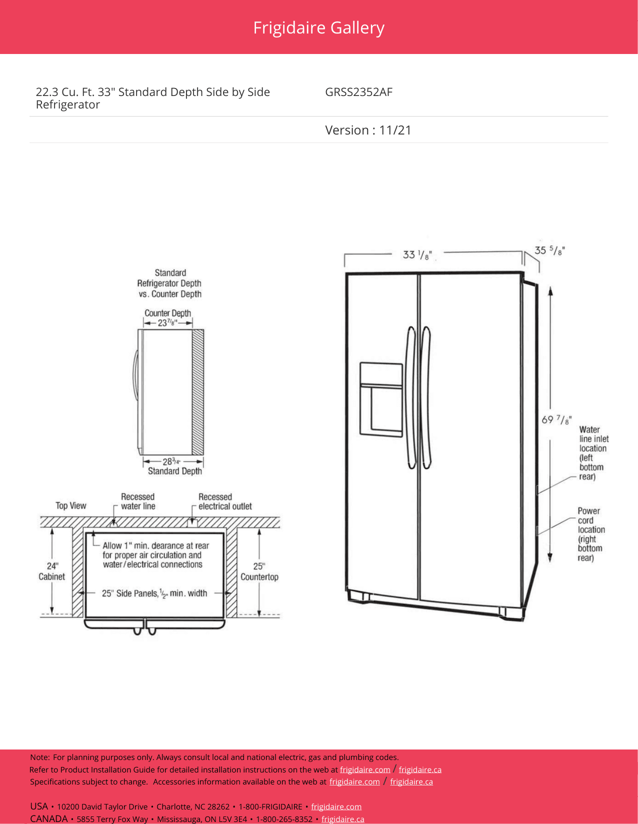 Installation diagram for the Frigidaire Gallery GRSS2352AF, from the manufacturer document