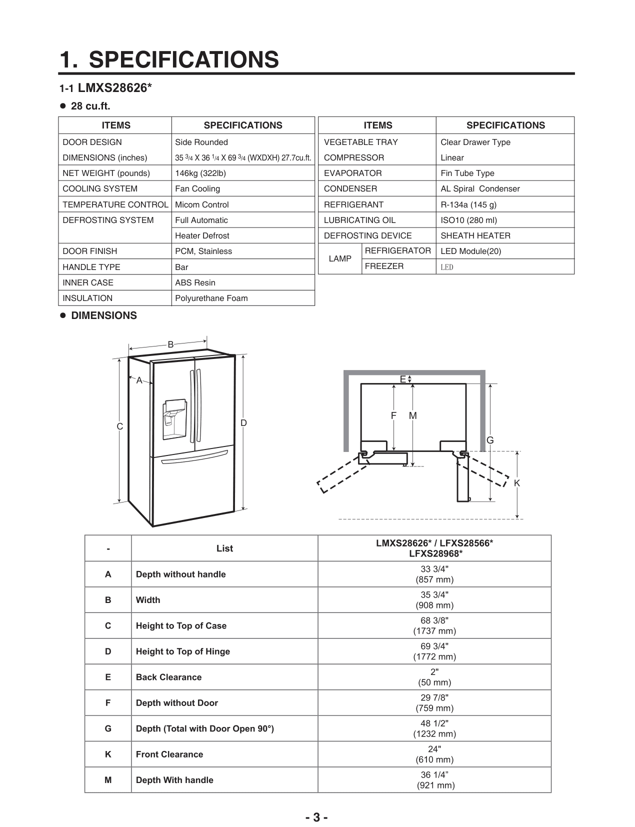 Dimension drawing for the LG LMXS28626S, from the manufacturer document