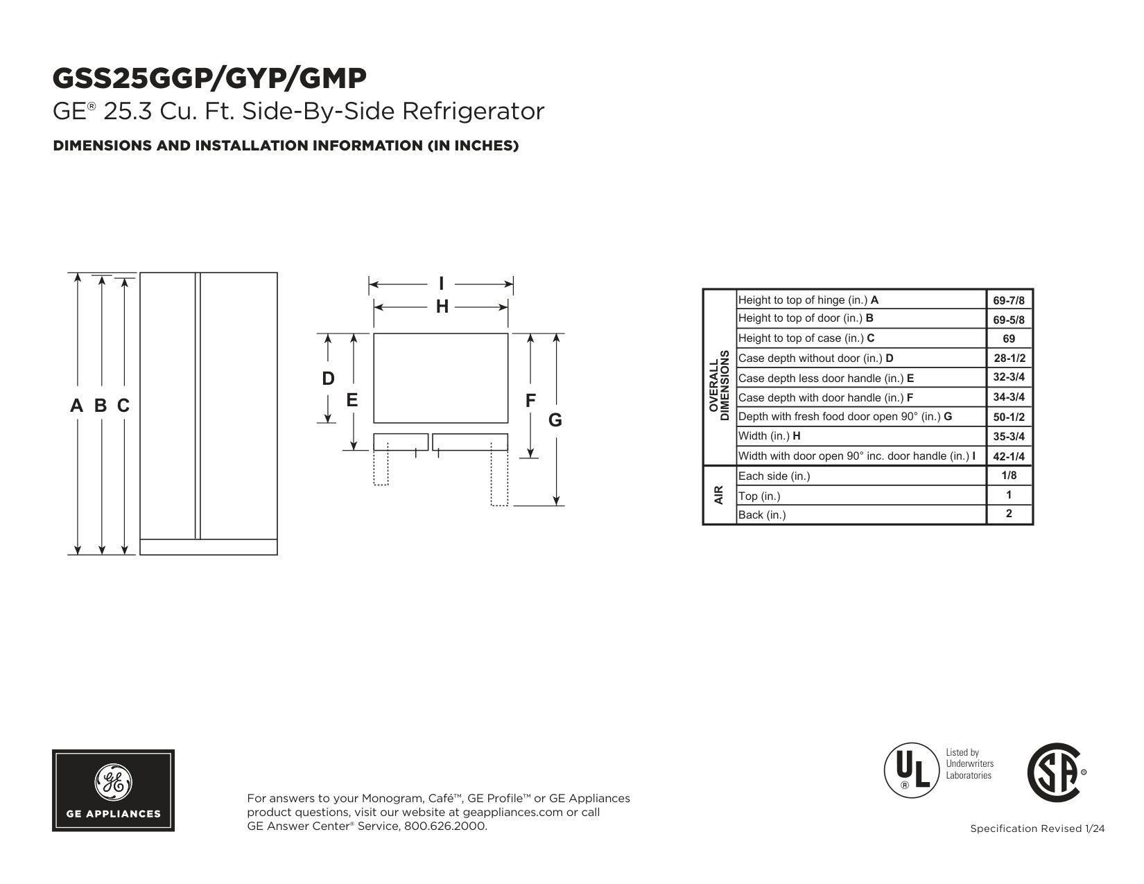 Dimension drawing for the GE Appliances GSS25GYPFS, from the manufacturer document